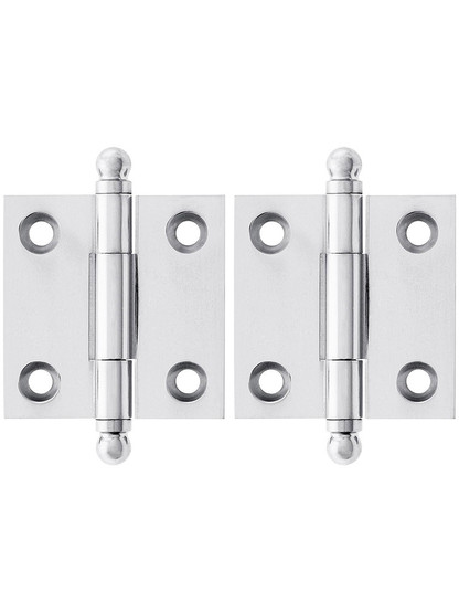 Premium Solid Brass Ball-Tip Cabinet Hinges Pair - 1 1/2 inch by 1 1/2 inch in Polished Chrome.